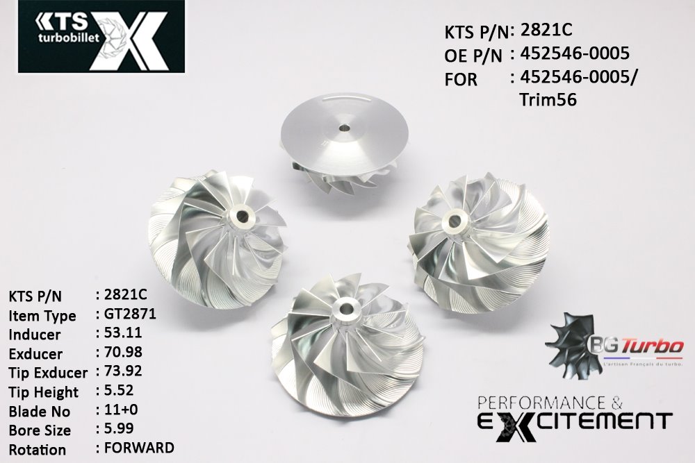 Turbo ROUE FORGÉE MFS PERFORMANCE - 11+0 PALES - INDUCER : 53,11 - EXDUCER : 70,98 - TYPE : GT2871ANGLE : 45° - ROTATION : Forward - SUPER BACK : 2,32 - BORE SIZE : 6
